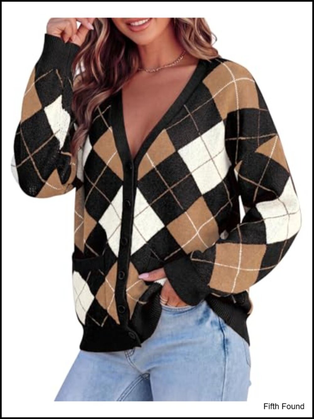Women's Argyle Button Up V-Neck Cardigan Chunky Knit Sweater with Pockets